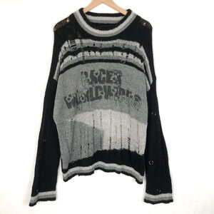 RACER WORLDWIDE Sweater Men's XL Black Gray Spell Out Thrashed Rings Soft L/S